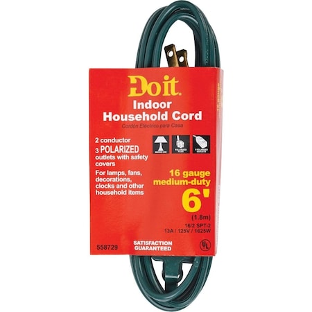 All-Source SPT-2 Extension Cord, 16 AWG, Indoor, 16/2, 3 Outlets, Green, 6 ft IN-PT2162-06X-GR